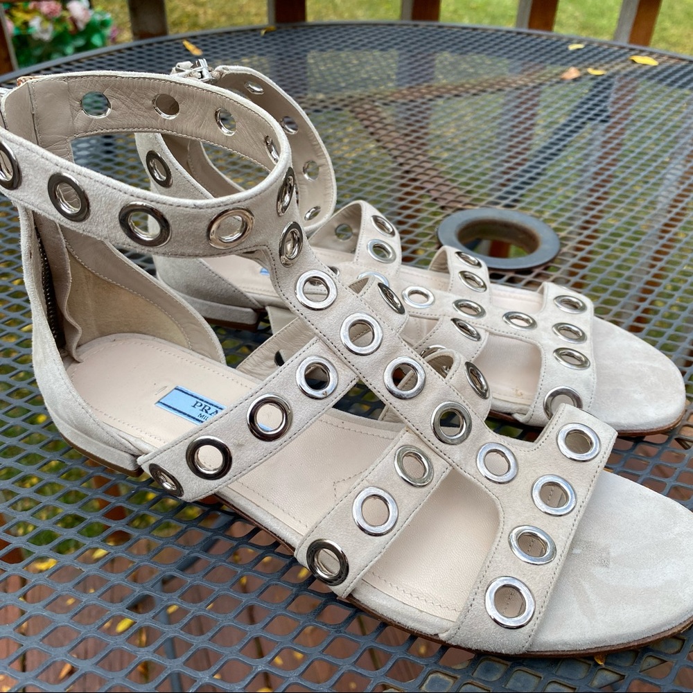 Prada Rivet Grommet Gladiator Sandals Beige Tan Women’s Size 37 US 7